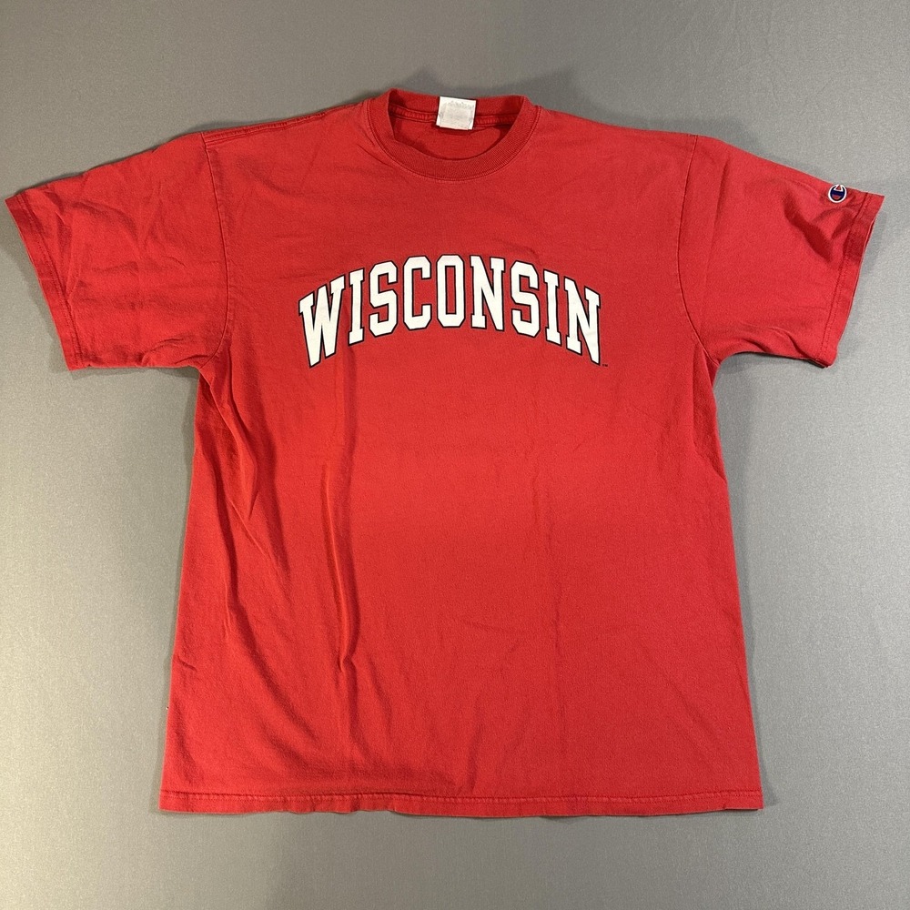 Champion Shirt Mens XL Red Wisconsin College Graphic Tee Short Sleeve C Logo